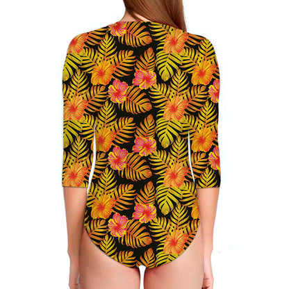 Yellow Hawaiian Tropical Pattern Print Long Sleeve Swimsuit