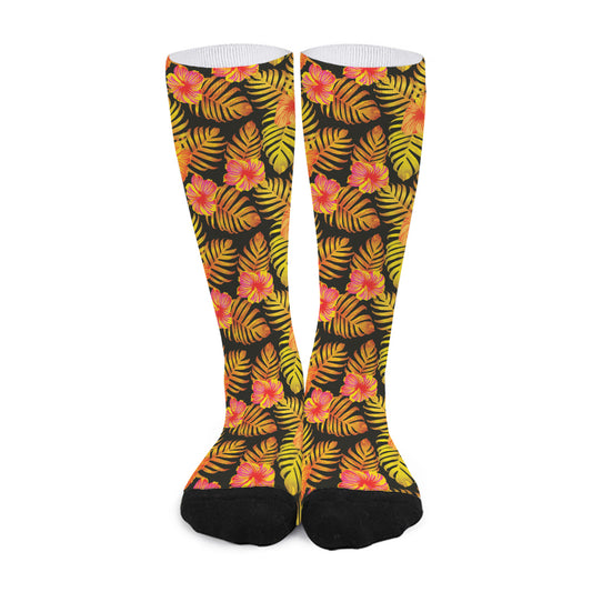 Yellow Hawaiian Tropical Pattern Print Long Socks