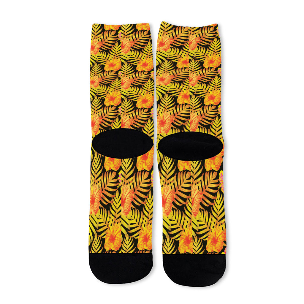 Yellow Hawaiian Tropical Pattern Print Long Socks
