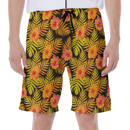 Yellow Hawaiian Tropical Pattern Print Men's Beach Shorts