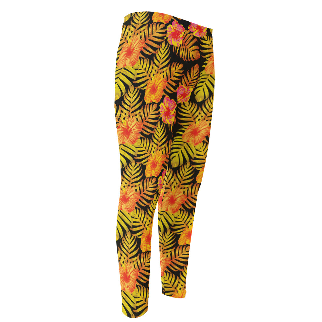 Yellow Hawaiian Tropical Pattern Print Men's Compression Pants