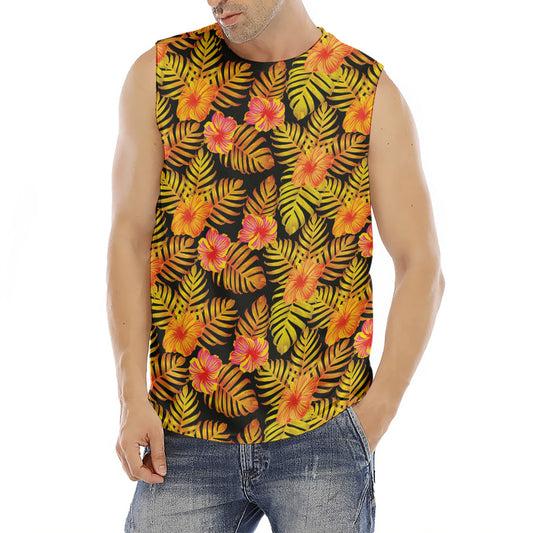 Yellow Hawaiian Tropical Pattern Print Men's Fitness Tank Top