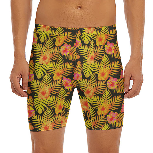 Yellow Hawaiian Tropical Pattern Print Men's Long Boxer Briefs