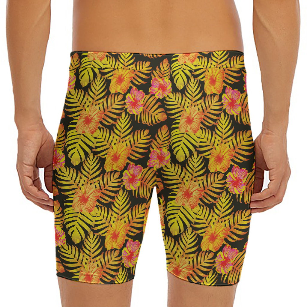 Yellow Hawaiian Tropical Pattern Print Men's Long Boxer Briefs