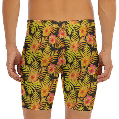 Yellow Hawaiian Tropical Pattern Print Men's Long Boxer Briefs