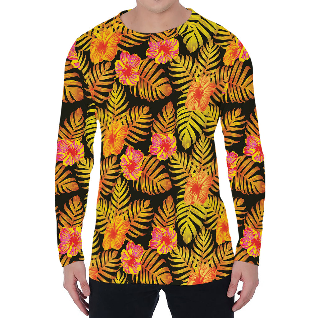 Yellow Hawaiian Tropical Pattern Print Men's Long Sleeve T-Shirt