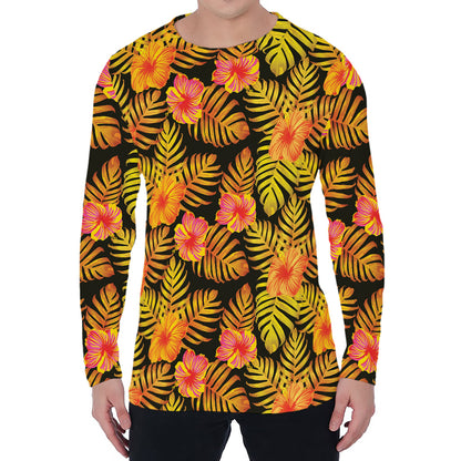 Yellow Hawaiian Tropical Pattern Print Men's Long Sleeve T-Shirt