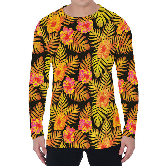 Yellow Hawaiian Tropical Pattern Print Men's Long Sleeve T-Shirt
