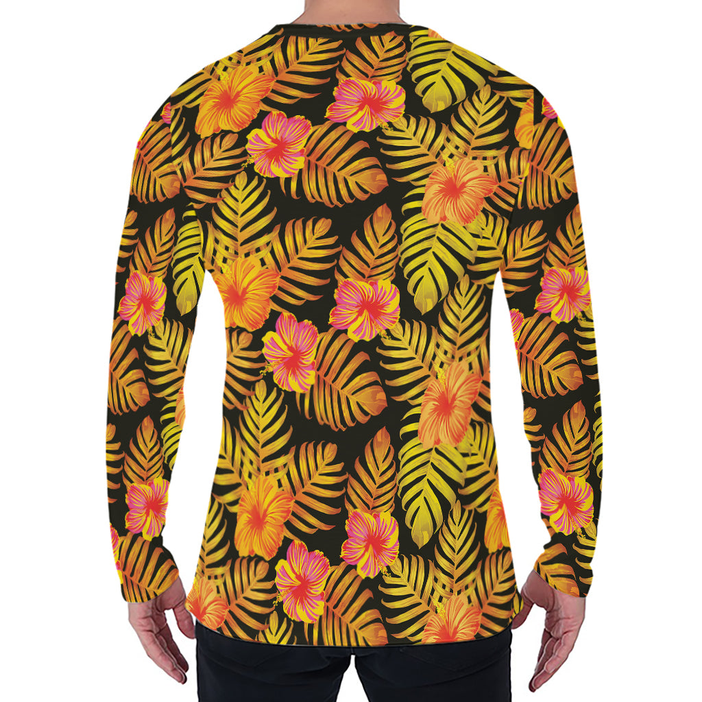 Yellow Hawaiian Tropical Pattern Print Men's Long Sleeve T-Shirt