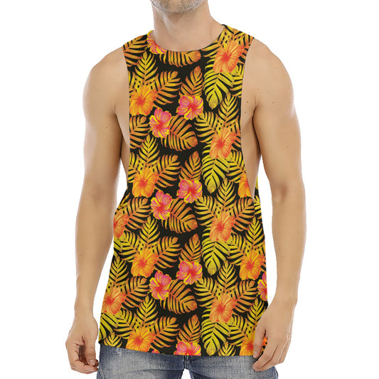 Yellow Hawaiian Tropical Pattern Print Men's Muscle Tank Top