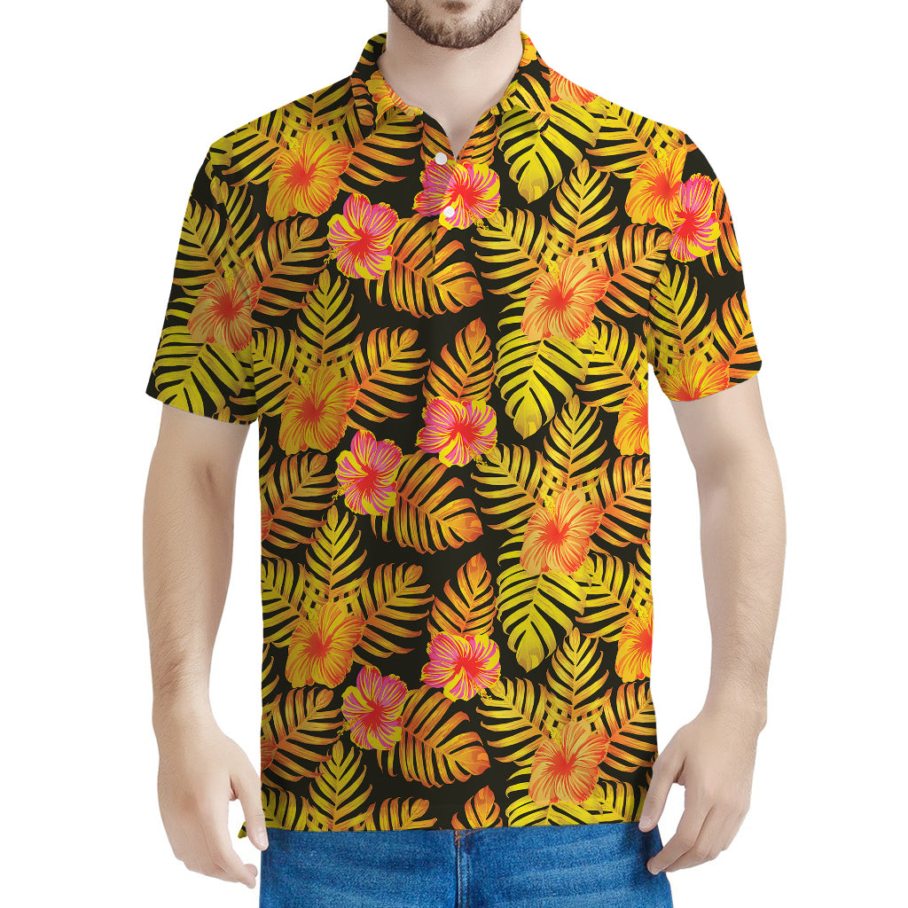 Yellow Hawaiian Tropical Pattern Print Men's Polo Shirt