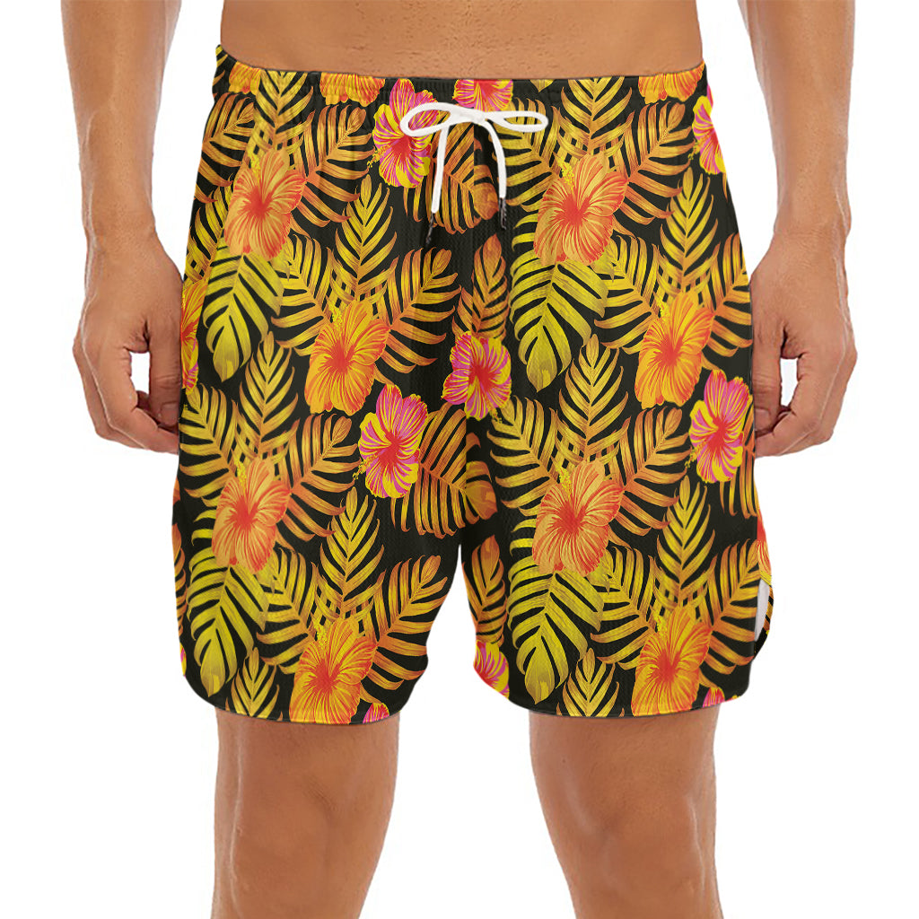 Yellow Hawaiian Tropical Pattern Print Men's Split Running Shorts