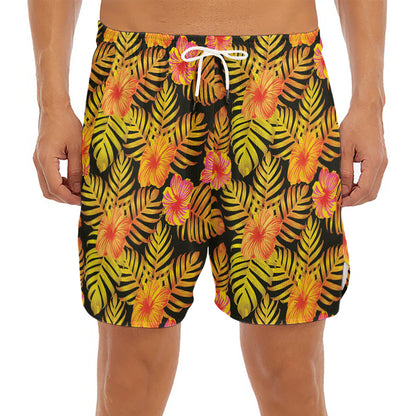 Yellow Hawaiian Tropical Pattern Print Men's Split Running Shorts