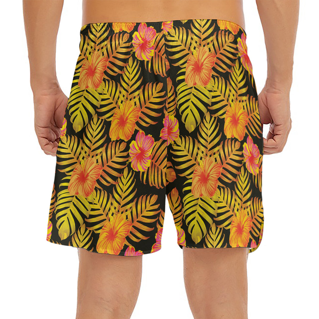 Yellow Hawaiian Tropical Pattern Print Men's Split Running Shorts