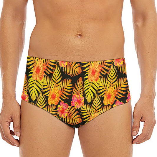 Yellow Hawaiian Tropical Pattern Print Men's Triangle Swim Briefs