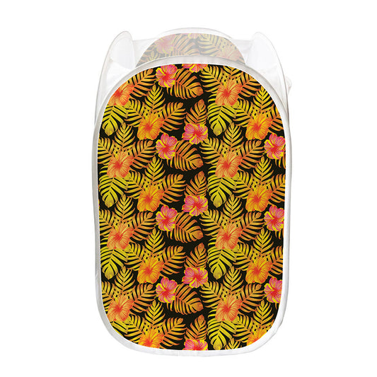 Yellow Hawaiian Tropical Pattern Print Mesh Laundry Hamper