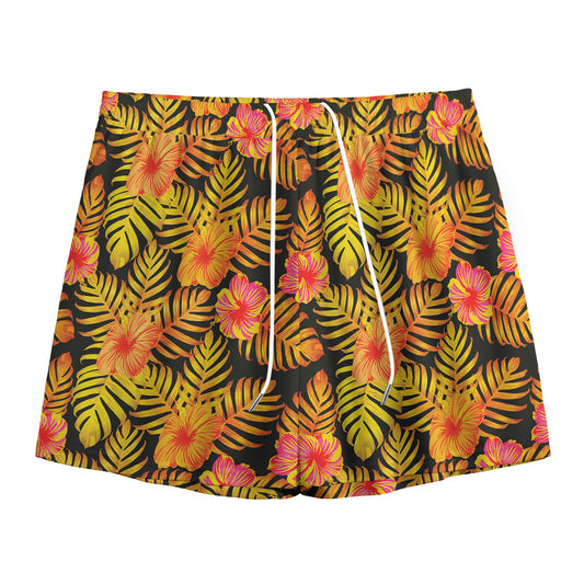 Yellow Hawaiian Tropical Pattern Print Mesh Shorts