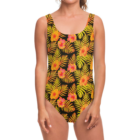Yellow Hawaiian Tropical Pattern Print One Piece Swimsuit