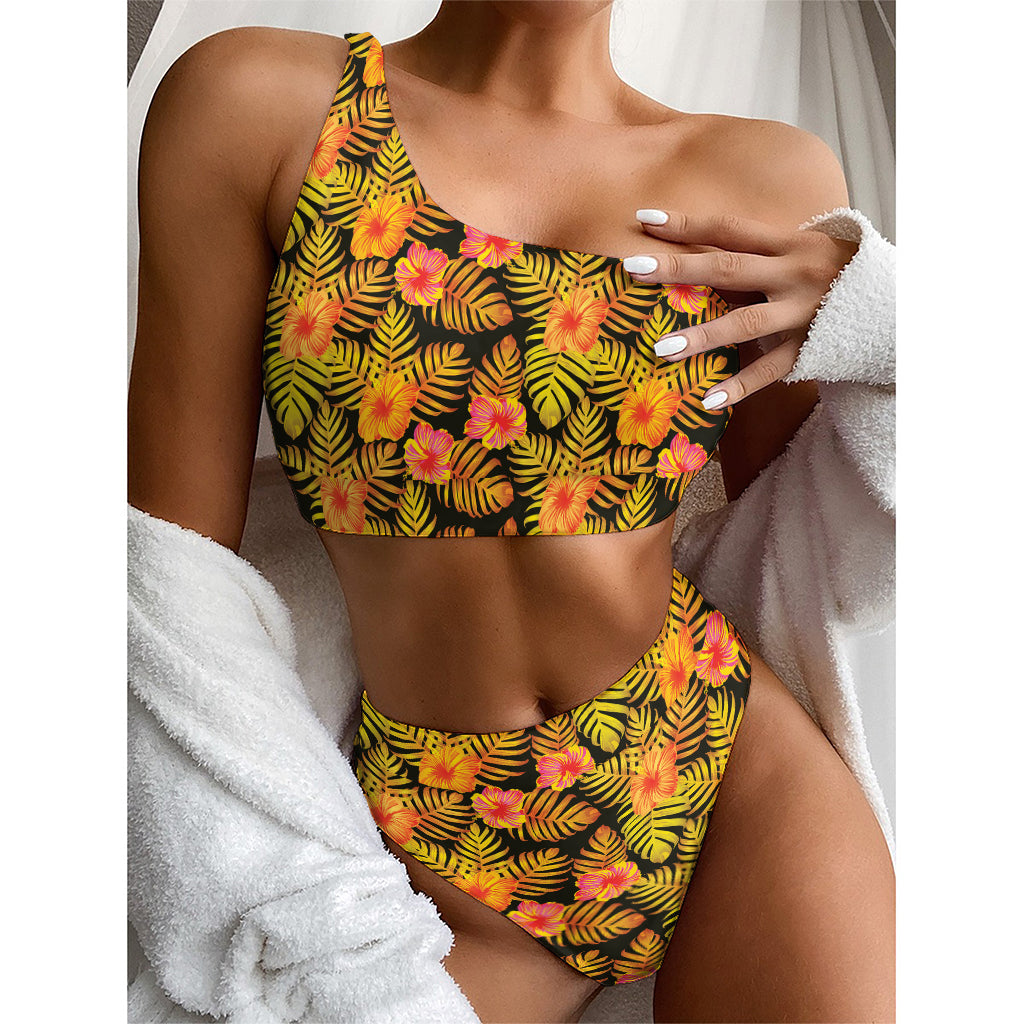 Yellow Hawaiian Tropical Pattern Print One Shoulder Bikini Top