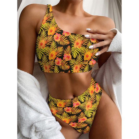 Yellow Hawaiian Tropical Pattern Print One Shoulder Bikini Top