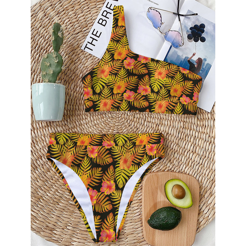 Yellow Hawaiian Tropical Pattern Print One Shoulder Bikini Top
