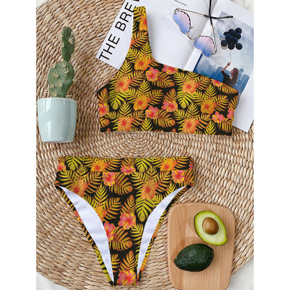 Yellow Hawaiian Tropical Pattern Print One Shoulder Bikini Top