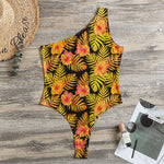 Yellow Hawaiian Tropical Pattern Print One Shoulder Bodysuit