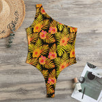 Yellow Hawaiian Tropical Pattern Print One Shoulder Bodysuit