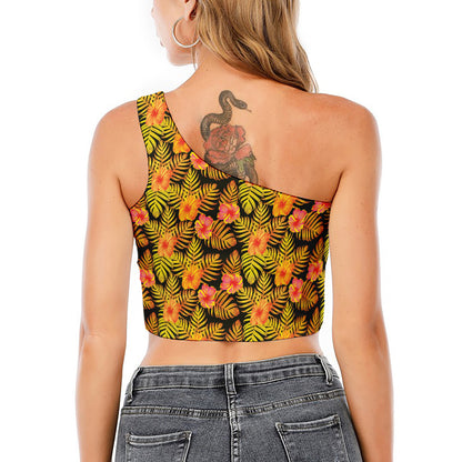 Yellow Hawaiian Tropical Pattern Print One Shoulder Crop Top