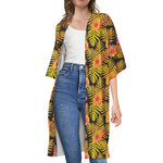 Yellow Hawaiian Tropical Pattern Print Open Front Beach Cover Up