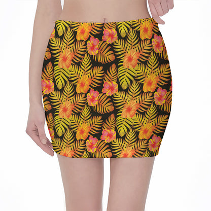 Yellow Hawaiian Tropical Pattern Print Pencil Mini Skirt