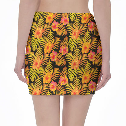 Yellow Hawaiian Tropical Pattern Print Pencil Mini Skirt