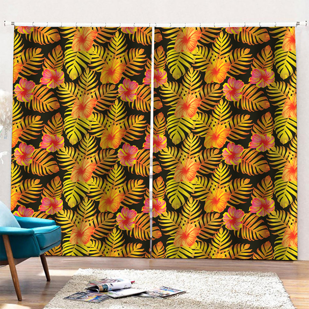 Yellow Hawaiian Tropical Pattern Print Pencil Pleat Curtains