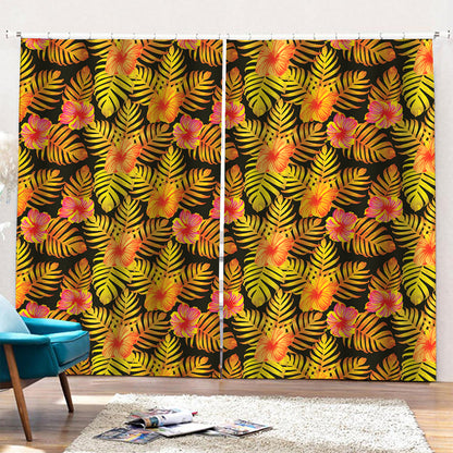 Yellow Hawaiian Tropical Pattern Print Pencil Pleat Curtains