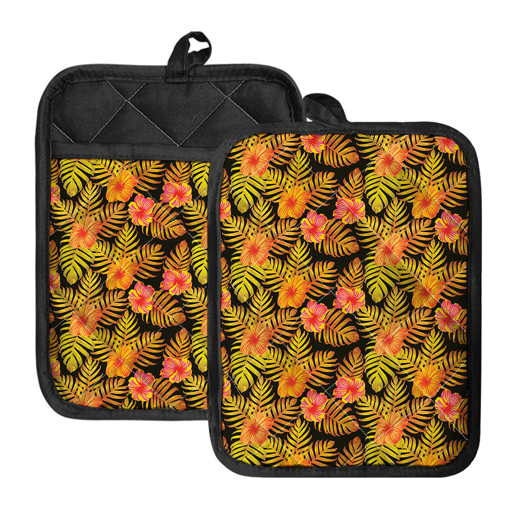 Yellow Hawaiian Tropical Pattern Print Pot Holders With Pocket