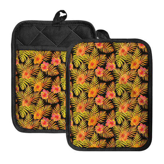 Yellow Hawaiian Tropical Pattern Print Pot Holders With Pocket