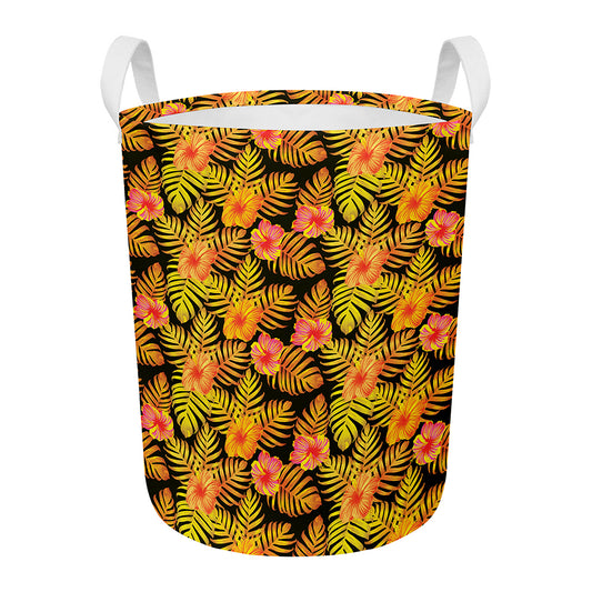 Yellow Hawaiian Tropical Pattern Print Round Laundry Basket