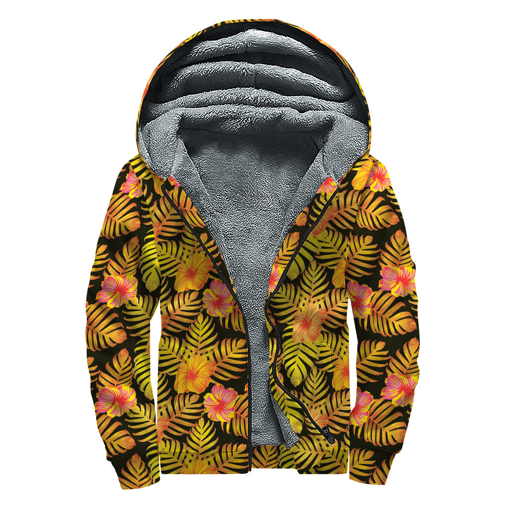 Yellow Hawaiian Tropical Pattern Print Sherpa Lined Zip Up Hoodie