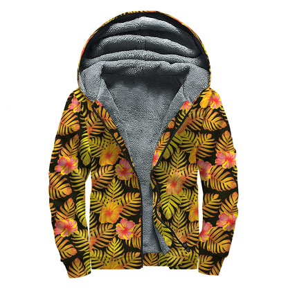 Yellow Hawaiian Tropical Pattern Print Sherpa Lined Zip Up Hoodie