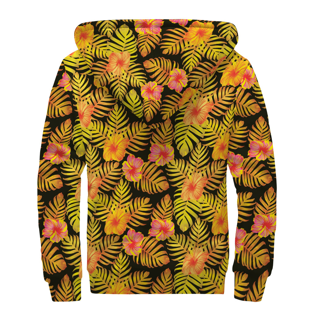 Yellow Hawaiian Tropical Pattern Print Sherpa Lined Zip Up Hoodie