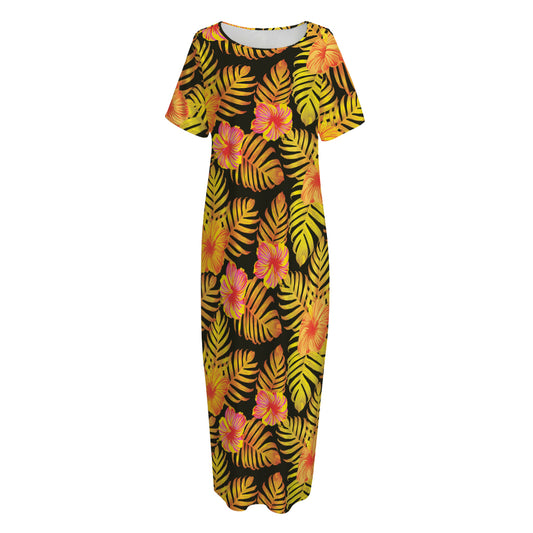 Yellow Hawaiian Tropical Pattern Print Short Sleeve Long Nightdress