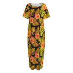 Yellow Hawaiian Tropical Pattern Print Short Sleeve Long Nightdress