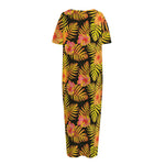 Yellow Hawaiian Tropical Pattern Print Short Sleeve Long Nightdress