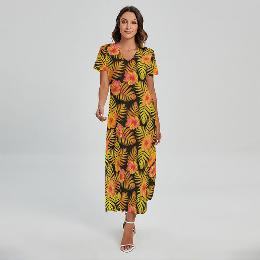 Yellow Hawaiian Tropical Pattern Print Short Sleeve Maxi Dress