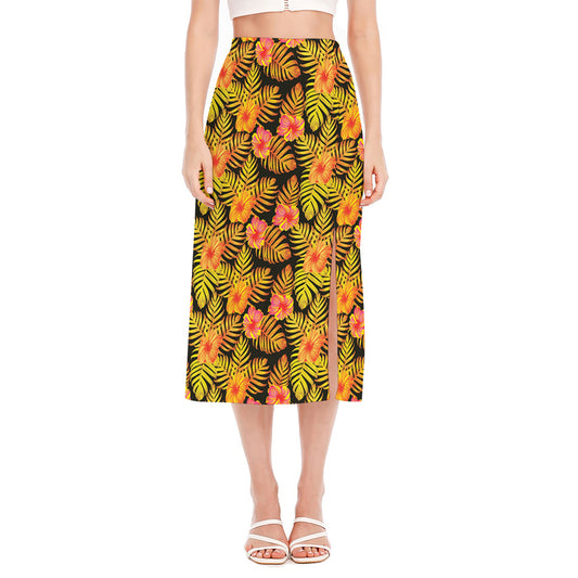 Yellow Hawaiian Tropical Pattern Print Side Slit Midi Skirt