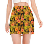 Yellow Hawaiian Tropical Pattern Print Side Slit Mini Skirt