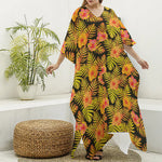 Yellow Hawaiian Tropical Pattern Print Silk V-Neck Kaftan Dress