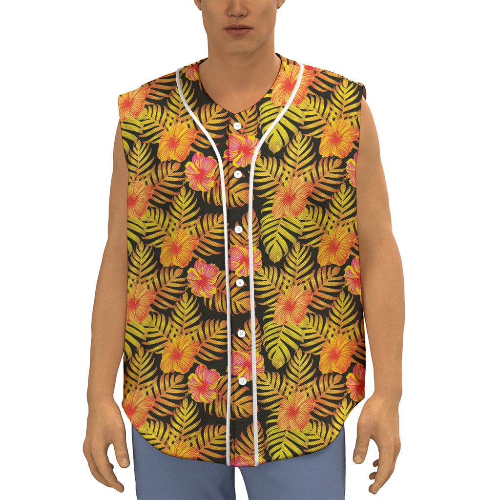 Yellow Hawaiian Tropical Pattern Print Sleeveless Baseball Jersey