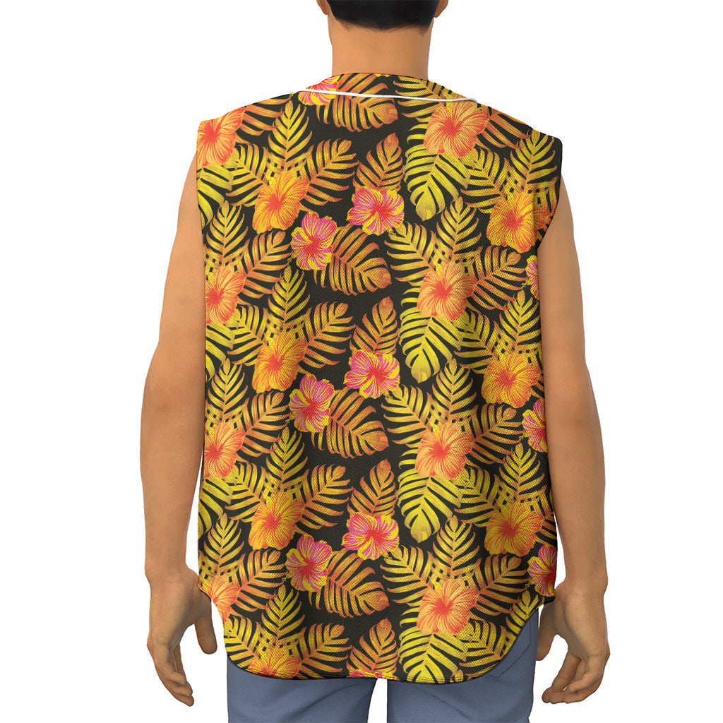 Yellow Hawaiian Tropical Pattern Print Sleeveless Baseball Jersey