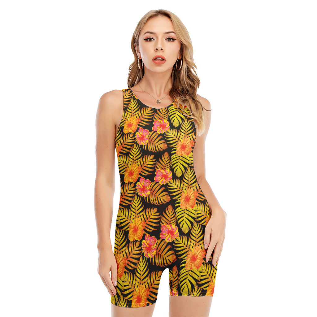 Yellow Hawaiian Tropical Pattern Print Sleeveless One Piece Swimsuit